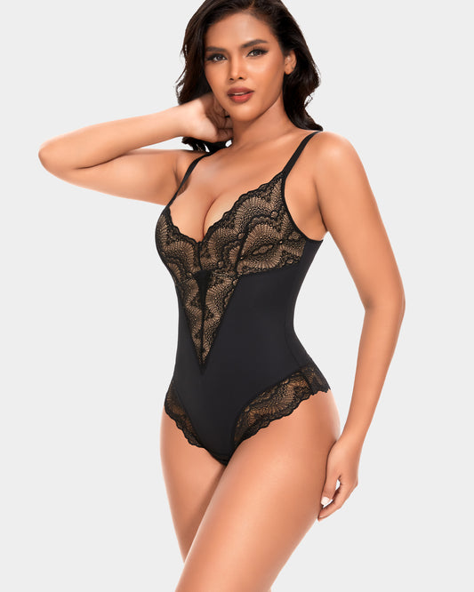 V Neck Lace Shapewear Bodysuit Thong