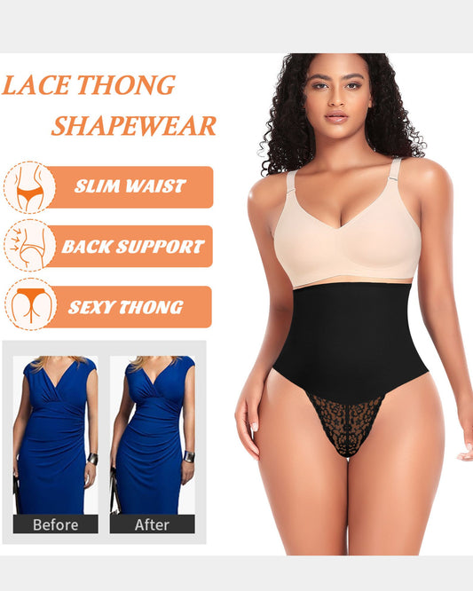 Werena Tummy Control Thong Shapewear for Women Mid High Waisted Body Shaper Underwear Lace Shaping Thong Girdle Panties